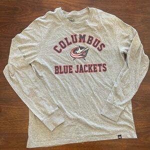 47 Brand Columbus Blue Jackets Gray Long Sleeve Tee with Red & Navy Logo